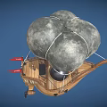Cartoon Flying Ship Scene With Gray Balloon Wooden Hull Red Flag And Metal Ball