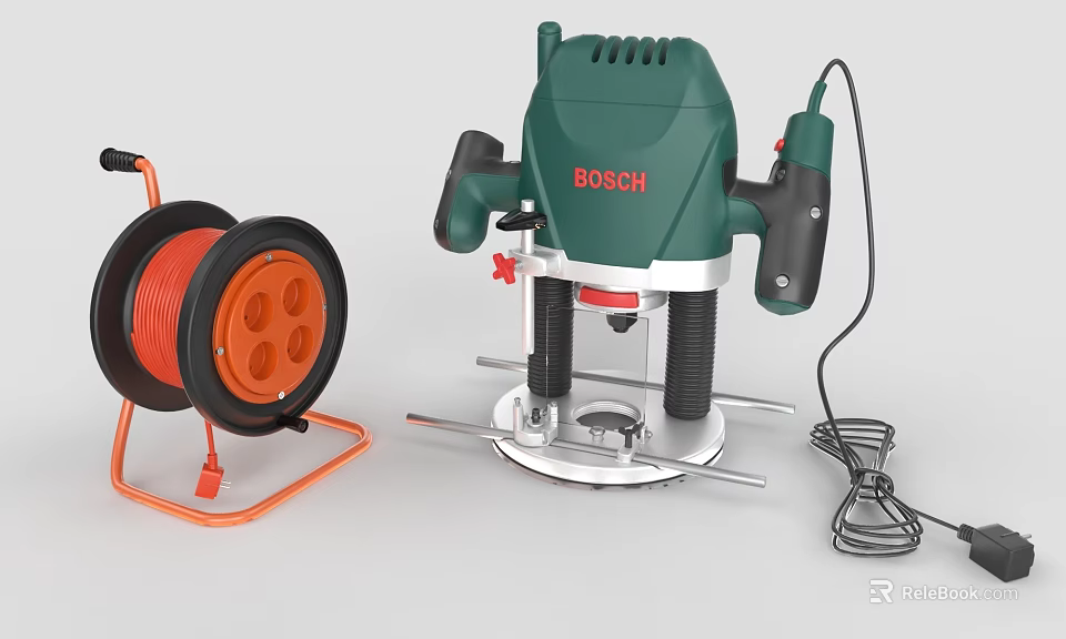 Bosch Router Industrial Equipment With Orange Cable Reel And Power Cord 3d model 