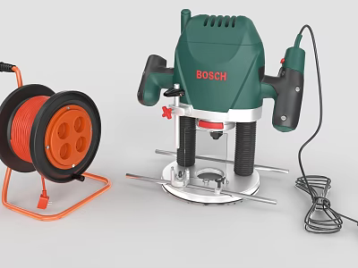 Bosch Router Industrial Equipment With Orange Cable Reel And Power Cord 3d model