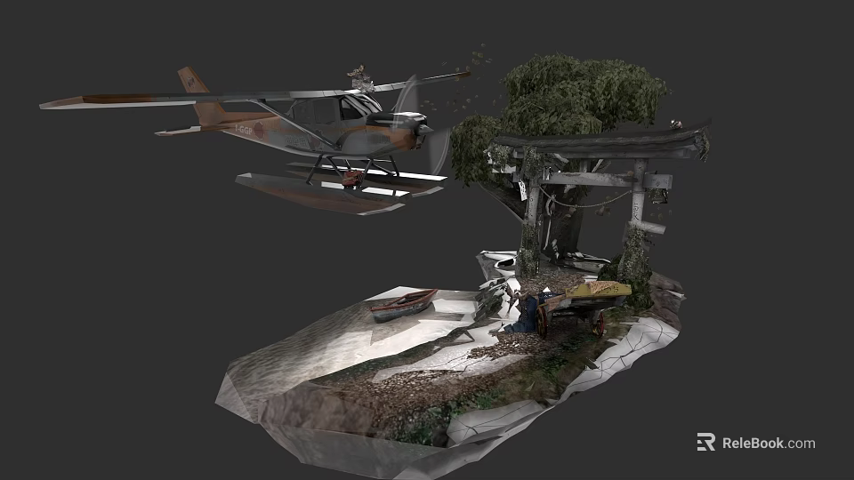 3D Model Scene With Seaplane Tree Cabin Boat And Figures 3d model 