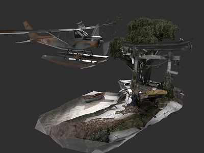 3D Model Scene With Seaplane Tree Cabin Boat And Figures 3d model