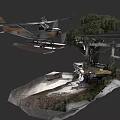 3D Model Scene With Seaplane Tree Cabin Boat And Figures