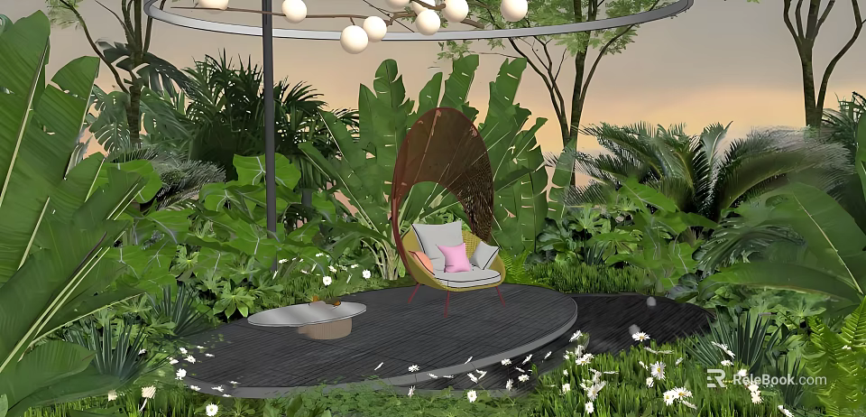 Outdoor Sofa on Circular Deck With Lush Greenery Hanging Lights and Sunset Backdrop 3d model 