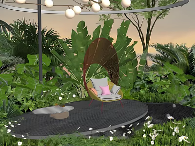 Outdoor Sofa on Circular Deck With Lush Greenery Hanging Lights and Sunset Backdrop 3d model