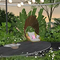 Outdoor Sofa on Circular Deck With Lush Greenery Hanging Lights and Sunset Backdrop