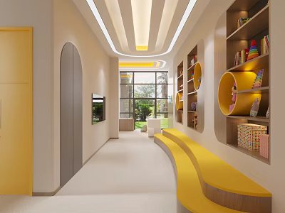 Modern Kindergarten Corridor Design with Yellow Benches Bookshelves Toys and Bright Windows 3d model