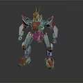 Mechanical Robot Character With Gray Red Armor And Yellow Horns Standing Pose