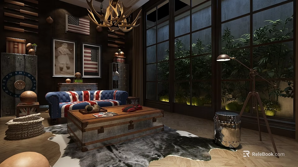 Classic Style Living Room With Union Jack Sofa And Retro Trunk Coffee Table 3d model 