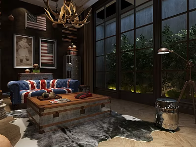 Classic Style Living Room With Union Jack Sofa And Retro Trunk Coffee Table 3d model