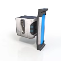 Gray Metallic Industrial Component With Blue Vertical Panel And Textured Surface