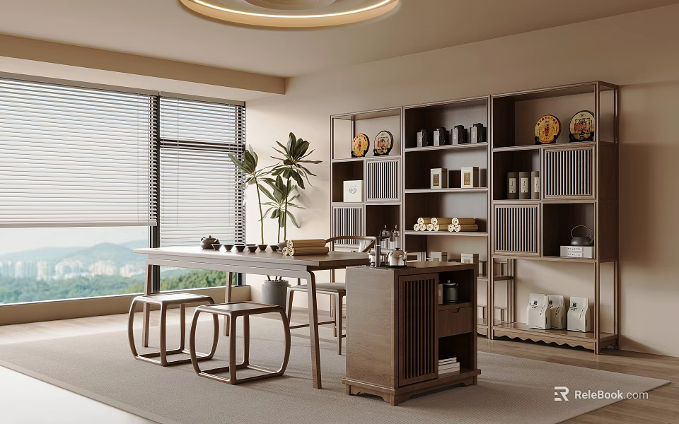 Elegant Tea Room Interior With Wooden Table Stools Storage Cabinets Plants And Ceiling Lamp 3d model 