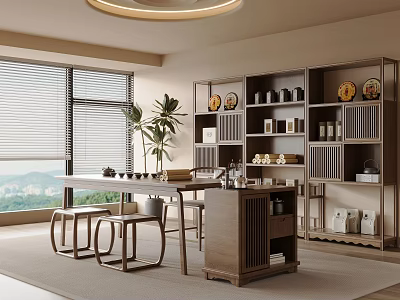 Elegant Tea Room Interior With Wooden Table Stools Storage Cabinets Plants And Ceiling Lamp 3d model