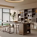 Elegant Tea Room Interior With Wooden Table Stools Storage Cabinets Plants And Ceiling Lamp