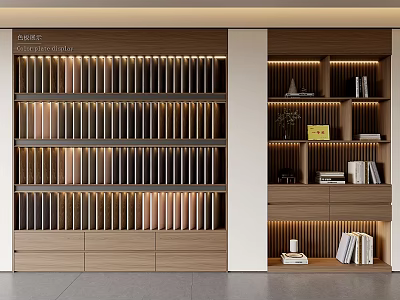 Modern Wooden Bookshelf With Colorful Dividers LED Lighting And Decorative Items 3d model
