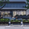 Outdoor Flower Planters With Green Plants Near Modern Building And Trees In Pedestrian Area