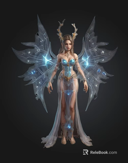 Graceful Fantasy Fairy Character With Sparkling Crystal Wings And Blue Luminous Gown 3d model 