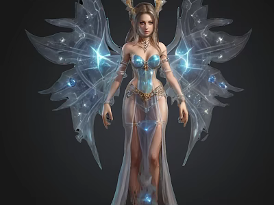 Graceful Fantasy Fairy Character With Sparkling Crystal Wings And Blue Luminous Gown 3d model