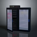 Modern Black Server Cabinet With Glass Doors And Network Equipment