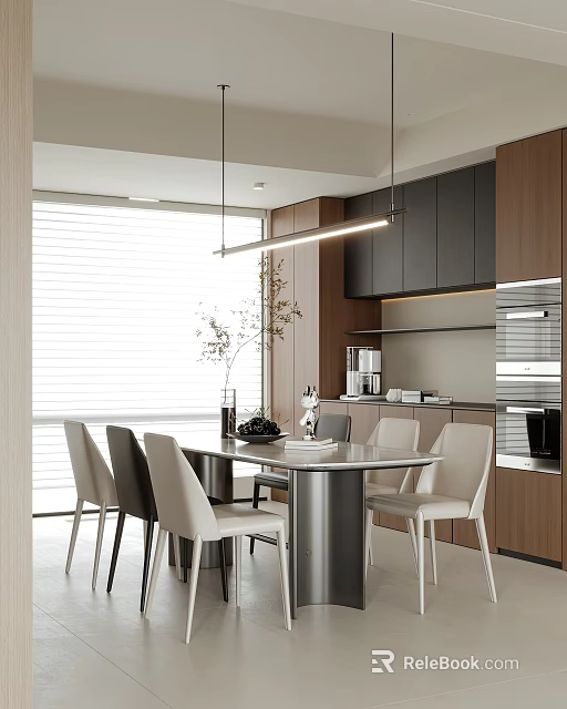 Modern Restaurant Dining Area With Wooden Cabinets And Pendant Lights 3d model 