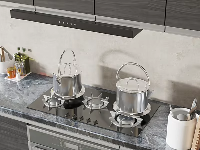 Modern Kitchen Appliances With Gas Stove Silver Pots Dark Cabinets And Marble Countertop 3d model