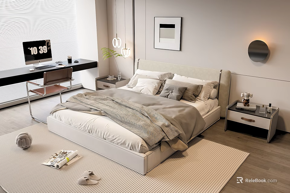 Modern Double Bed Interior with Gray Blanket Pillows Nightstand and Desk 3d model 