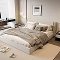 Modern Double Bed Interior with Gray Blanket Pillows Nightstand and Desk