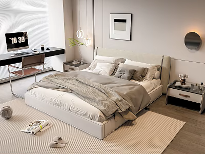 Modern Double Bed Interior with Gray Blanket Pillows Nightstand and Desk 3d model