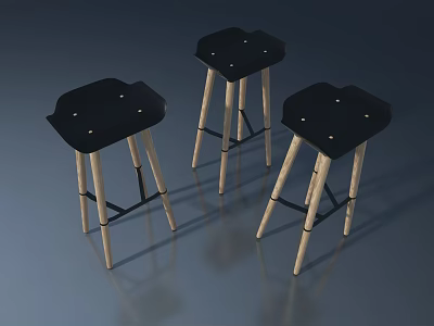 Three Modern Stools With Black Seats And Wooden Legs For Home Decor 3d model