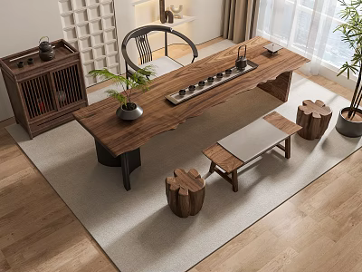 Solid Wood Tea Table and Chairs with Tea Set in Living Room Potted Plant 3d model