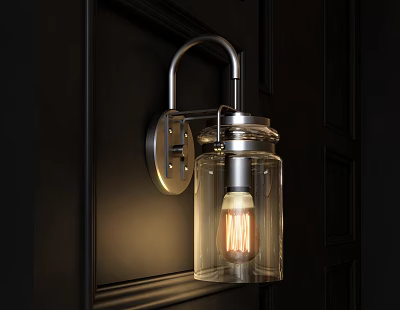 Modern Wall Light On Dark Wall With Metal Bracket Transparent Glass Shade And Vintage Bulb 3d model