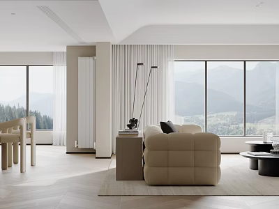 Modern Dining Living Room Interior Design With Beige Sofa Dining Table And Mountain View Windows 3d model