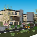 Modern Townhouse Exterior With Large Windows Balconies Green Front Lawn And Yellow Car