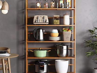 Organized Kitchen Utensils on Multi Tiered Wooden Shelf with Toaster Kettle Pots Rice Cooker and Jars 3d model