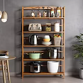 Organized Kitchen Utensils on Multi Tiered Wooden Shelf with Toaster Kettle Pots Rice Cooker and Jars