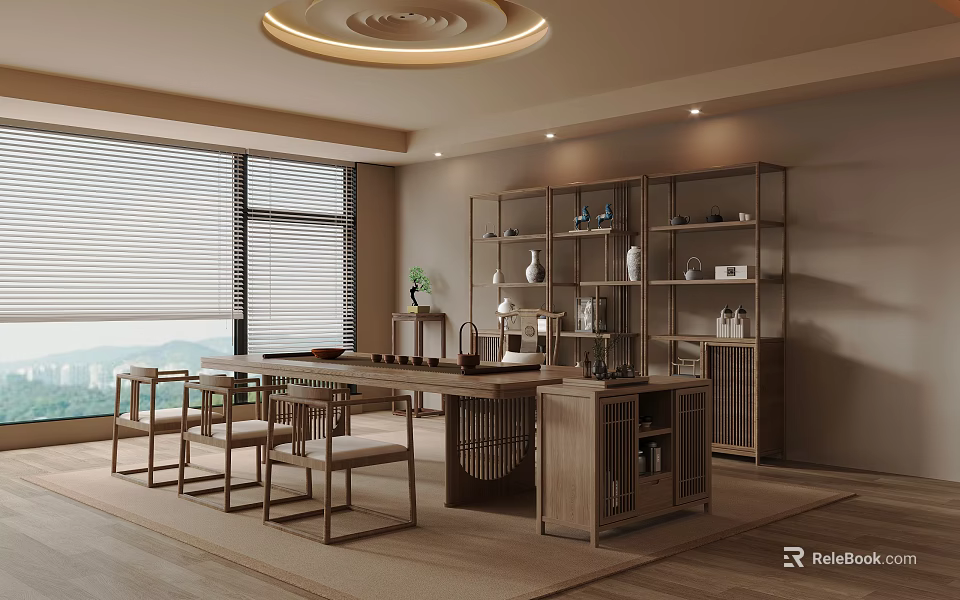 Serene Tea Room Interior With Wooden Furniture Tea Sets Shelves Natural Light By Windows 3d model 