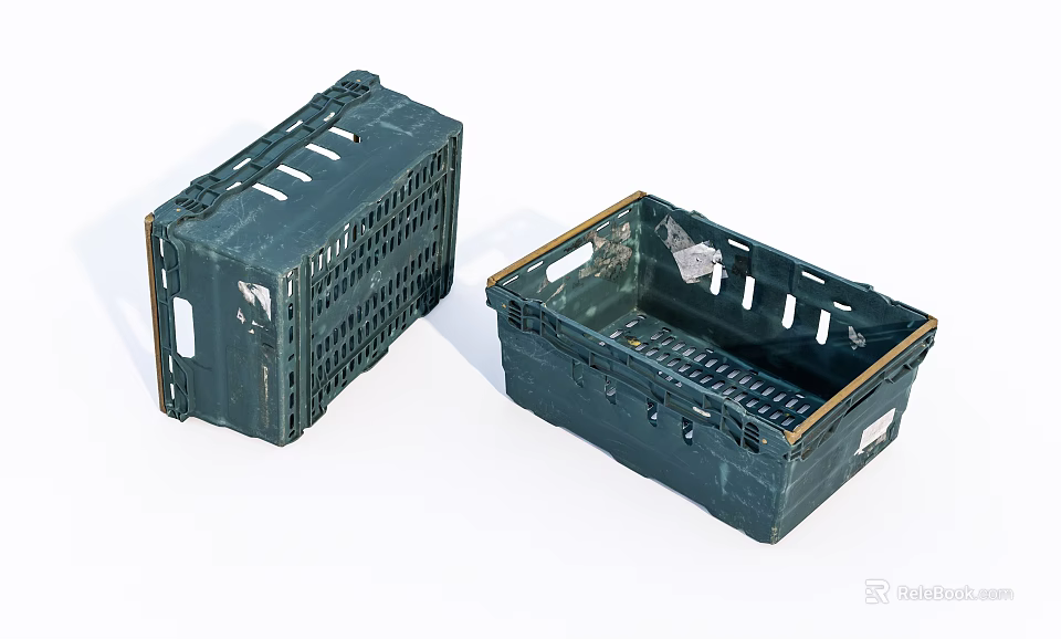 Two Empty Dark Green Plastic Storage Crates With Grid Design And Handles 3d model 
