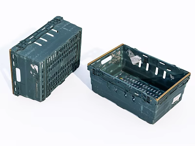 Two Empty Dark Green Plastic Storage Crates With Grid Design And Handles 3d model