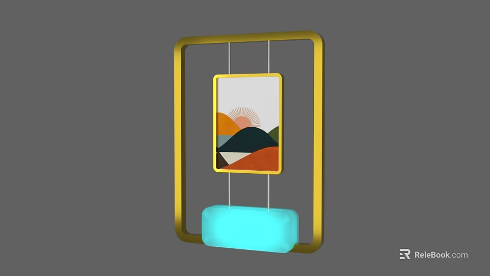 Public Facility Featuring Golden Frame Sunset Mountain Artwork And Light Blue Seat 3d model 