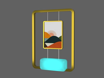 Public Facility Featuring Golden Frame Sunset Mountain Artwork And Light Blue Seat 3d model