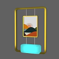 Public Facility Featuring Golden Frame Sunset Mountain Artwork And Light Blue Seat