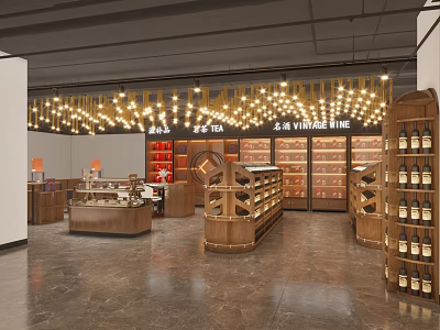 Elegant Tobacco and Liquor Store Interior Design With Wooden Shelves Hanging Lights And Wine Displays 3d model