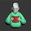 3D Green Character With White Head Reading Red Book In Dark Background
