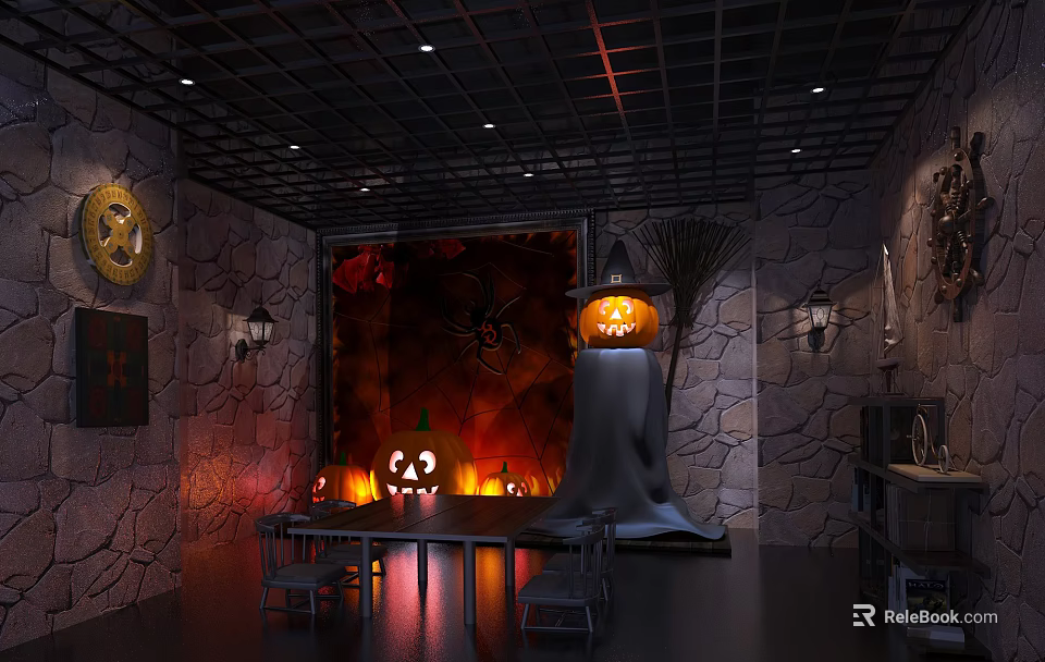 Shower Sauna Space With Stone Walls Grid Ceiling Lights And Cozy Ambiance 3d model 