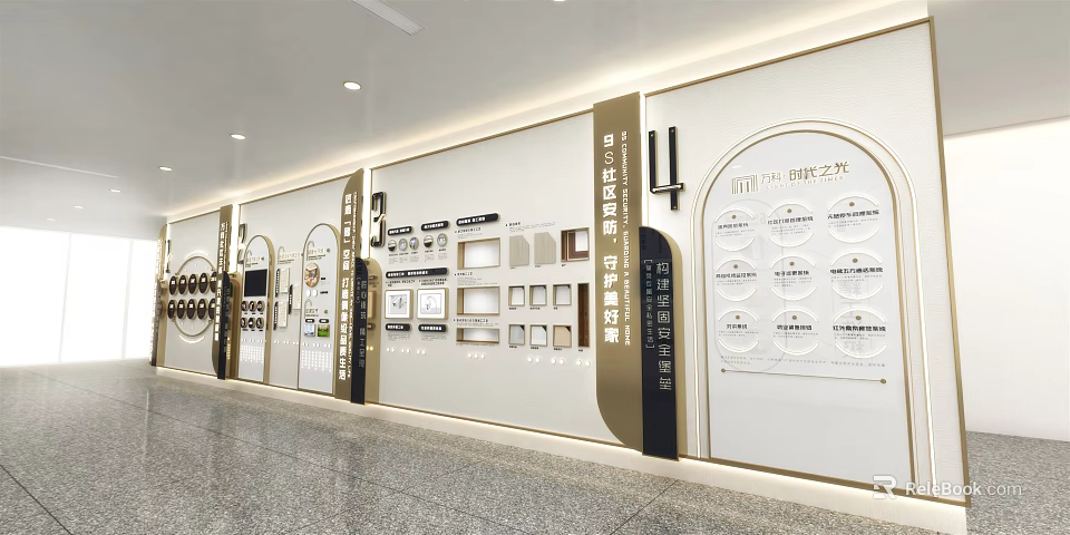 Modern Interior Background Wall With Display Sections Text Graphics And Decorative Frames 3d model 