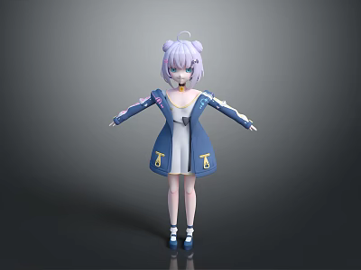 3D Anime Style Character Girl With Purple Twintails Blue White Dress Yellow Decorations Open Arms 3d model