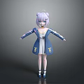 3D Anime Style Character Girl With Purple Twintails Blue White Dress Yellow Decorations Open Arms