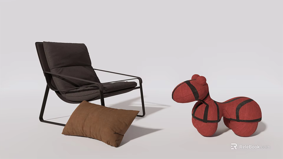 Comfortable Lounge Chair With Metal Frame Brown Pillow And Red Plush Dog Toy 3d model 