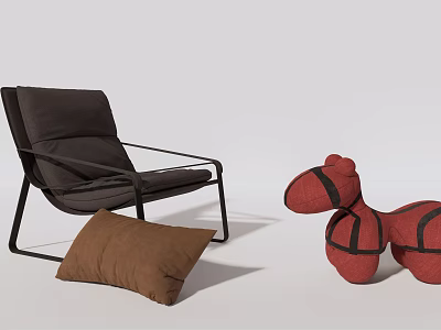 Comfortable Lounge Chair With Metal Frame Brown Pillow And Red Plush Dog Toy 3d model