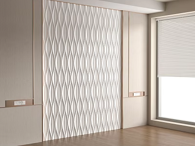 White Wavy Texture Wall Panel With Beige Walls And Wooden Floor Near Window Roller Blind 3d model