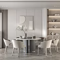 Modern Restaurant Interior With Round Dining Table White Chairs Mirror And Decorative Shelves